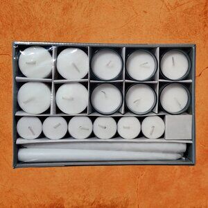 NIB 40pc Candles Set Party Pack - White Unscented - Taper Tealight Pillar Votive